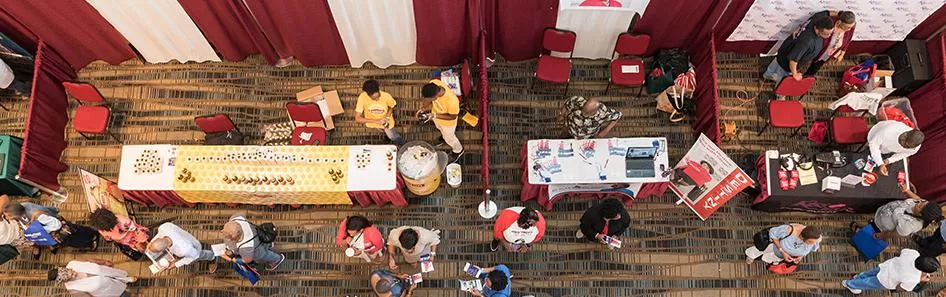 Birds eye view of exhibitors in the convention center.