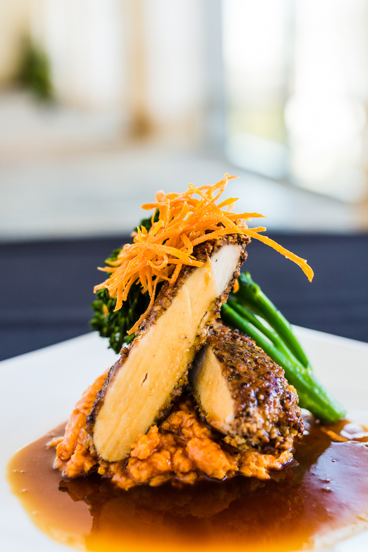 Pecan-crusted chicken breast with sweet bourbon au jus and other seasonal delicacies