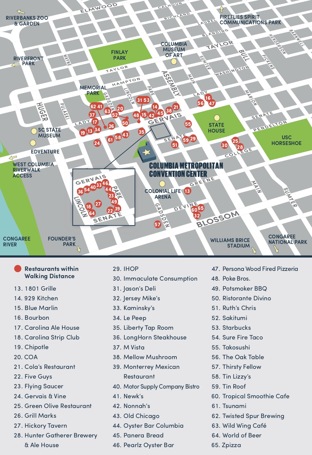 Map showing restaurants within walking distance to the Convention Center.