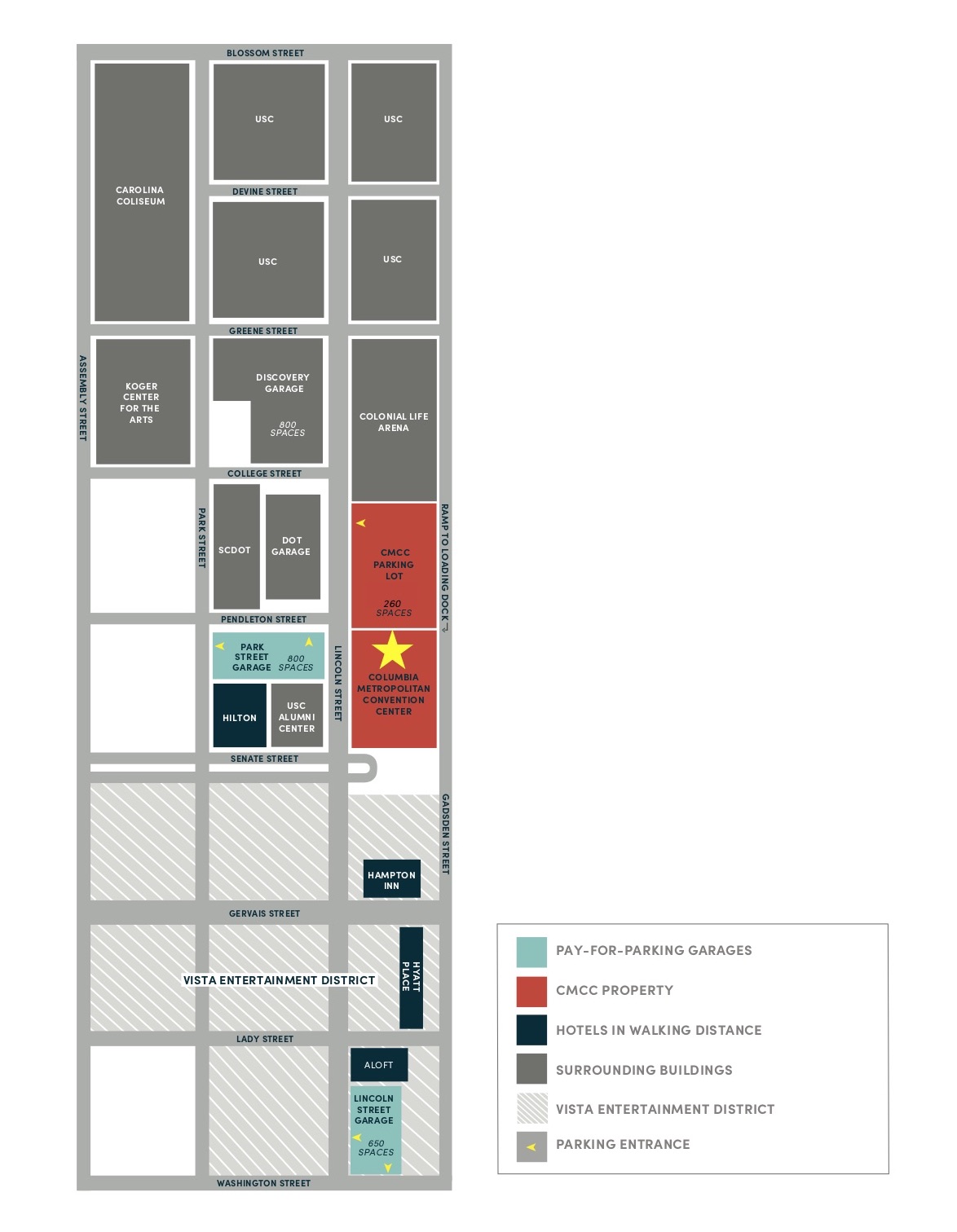 Map showing parking availability around the Convention Center.